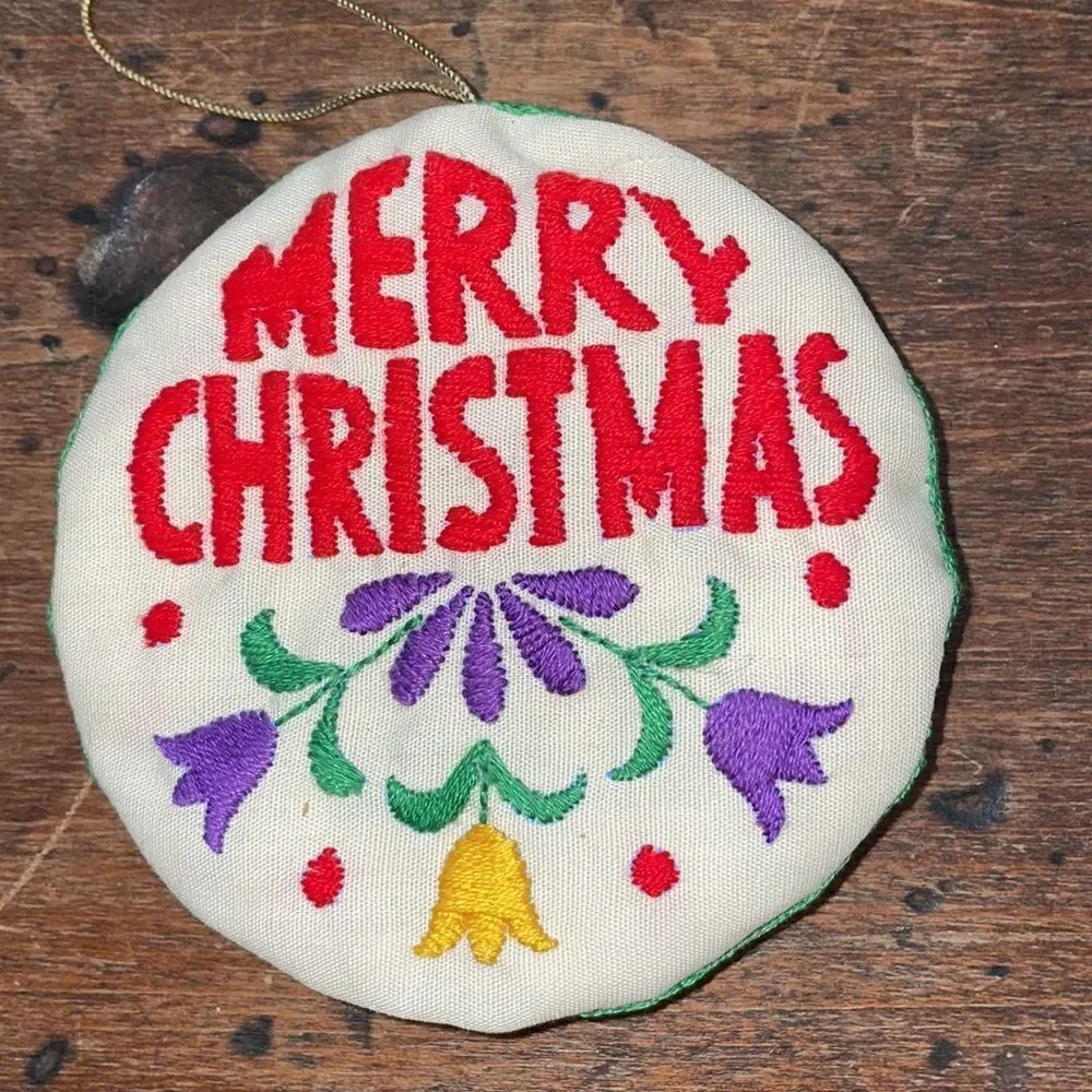 2 Vtg cloth stuffed‎ embroidered Christmas tree ornaments